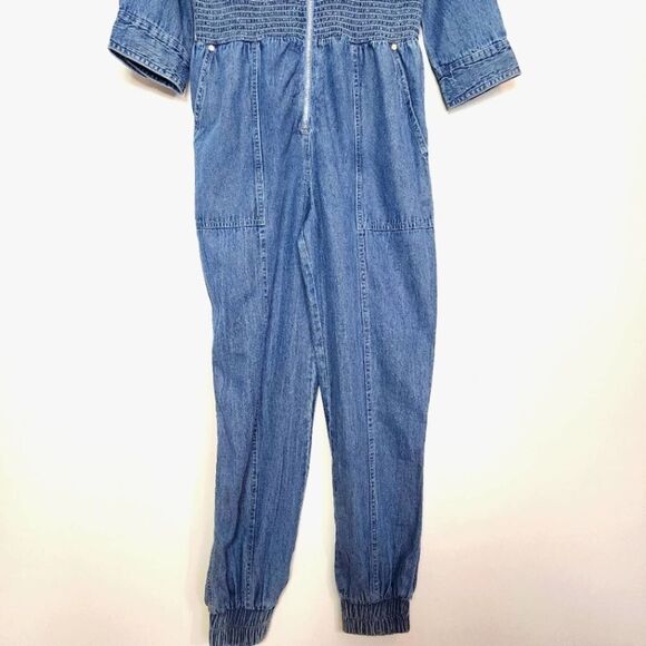 NWT River Island Jumpsuit Blue Denim Smocked Waist Boilersuit Size 8 UK, 6 US - Picture 6 of 12